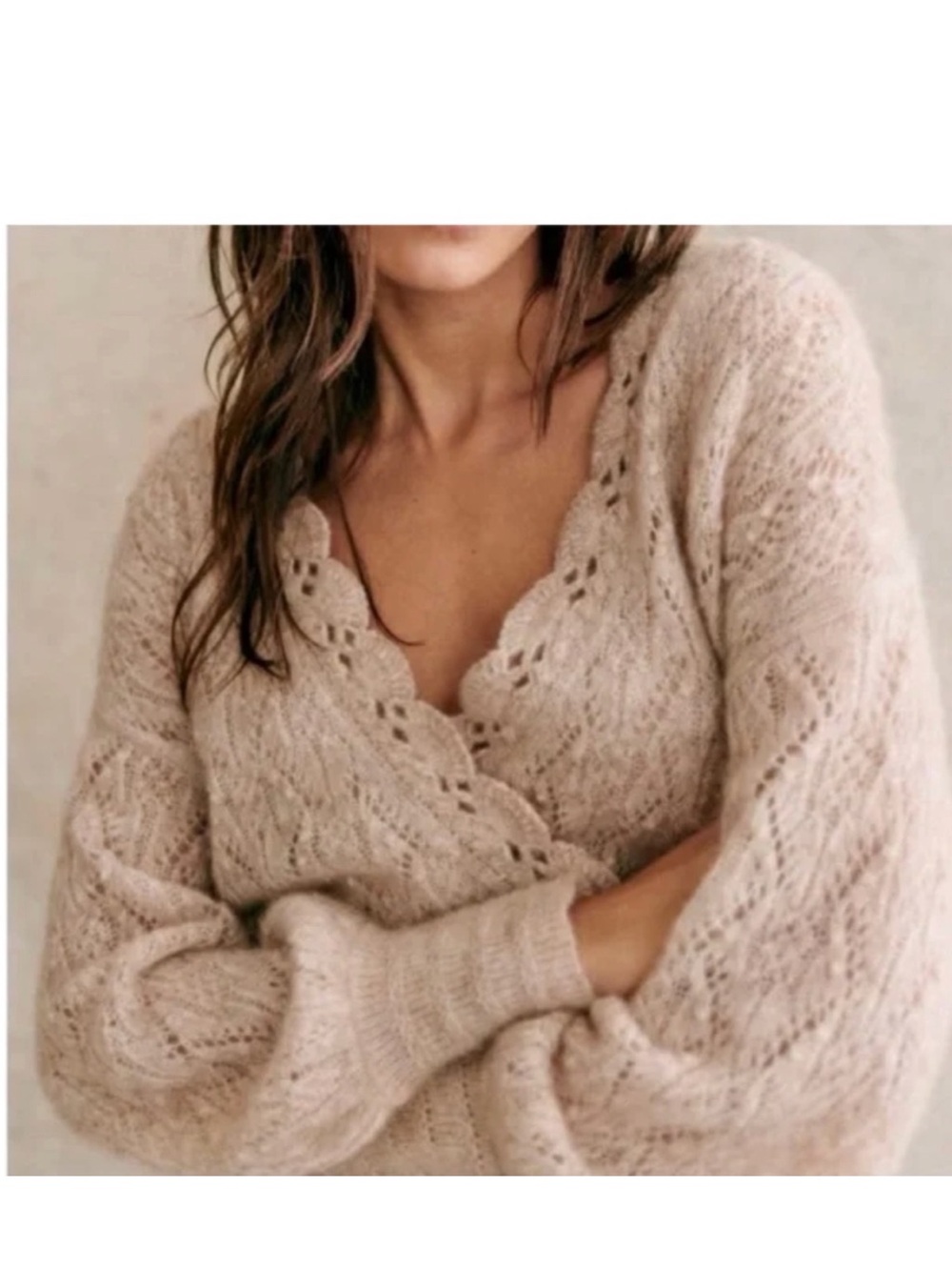 Sezane Nathalia Kid Mohair Knit Wrap Sweater in light Tan Size S